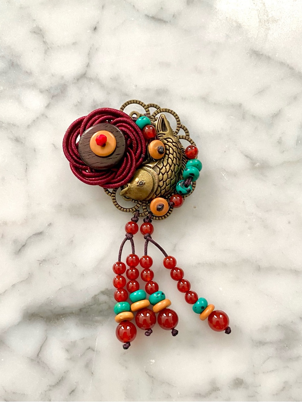 Chinese Fish Beaded Statement Brooch Pin Red Turquoise